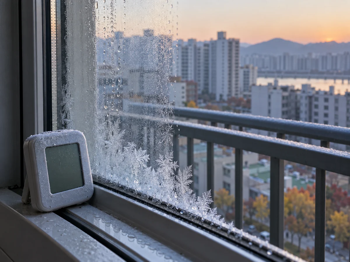한파주의보 기준 확인용 창가 온도계와 서리 낀 유리창